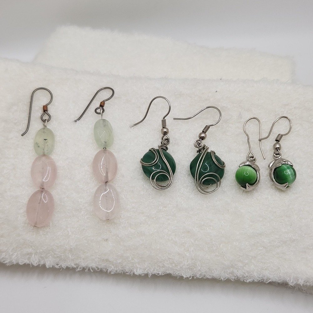 Artisan Boho Gemstone Earrings Rose Quartz Malachite Green Cats Eye Lot 3 Pairs